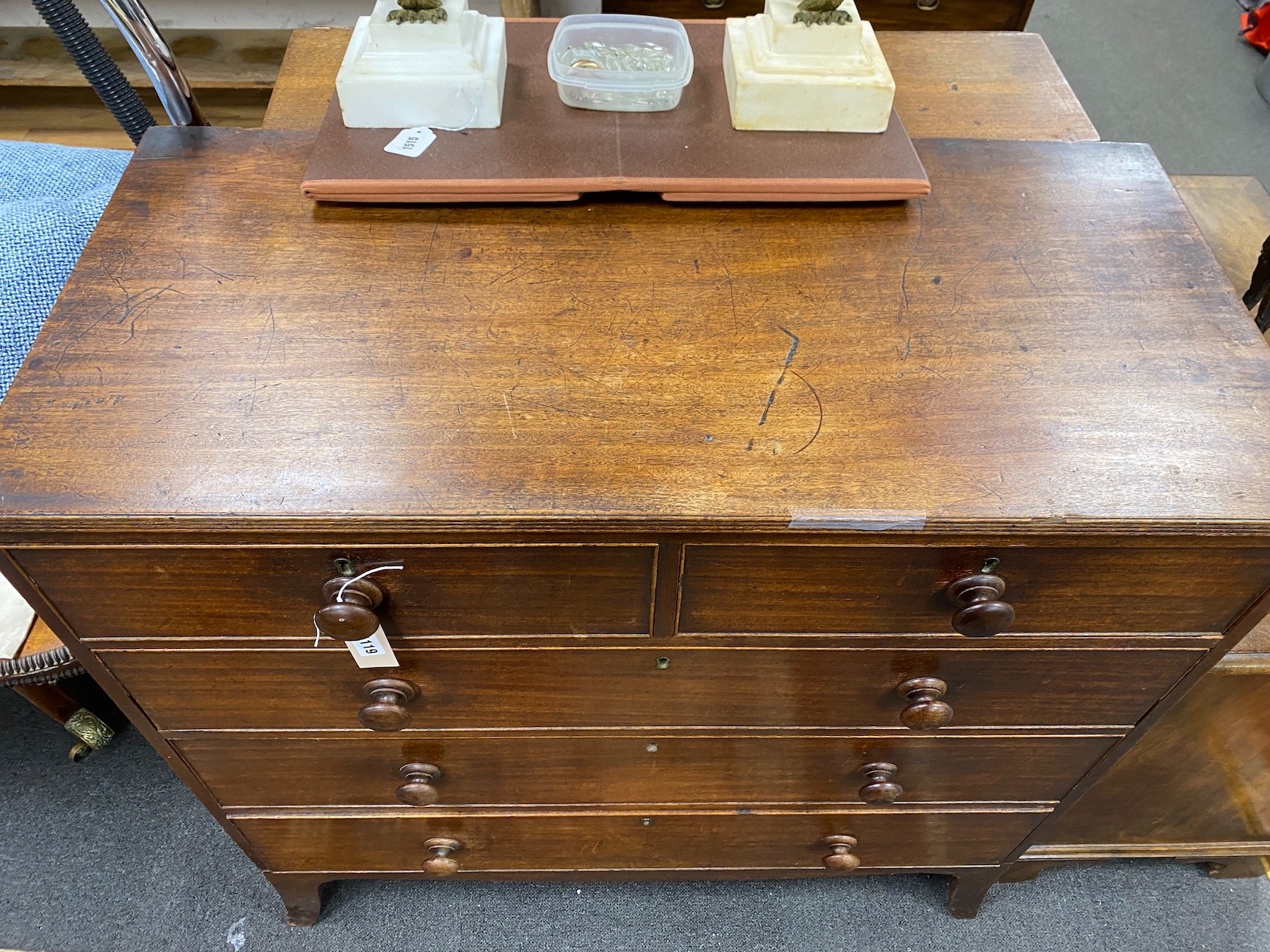 A Regency mahogany chest of two short and three long drawers, width 106cm, depth 50cm, height 106cm